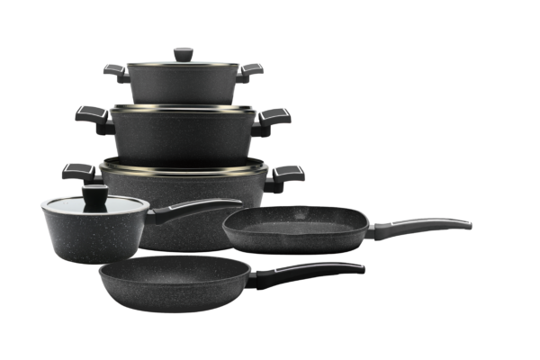 Royal Swiss - Ensemble de Cuisine 10 Pièces avec Gril Supplémentaire - Noir, Beige et Rose